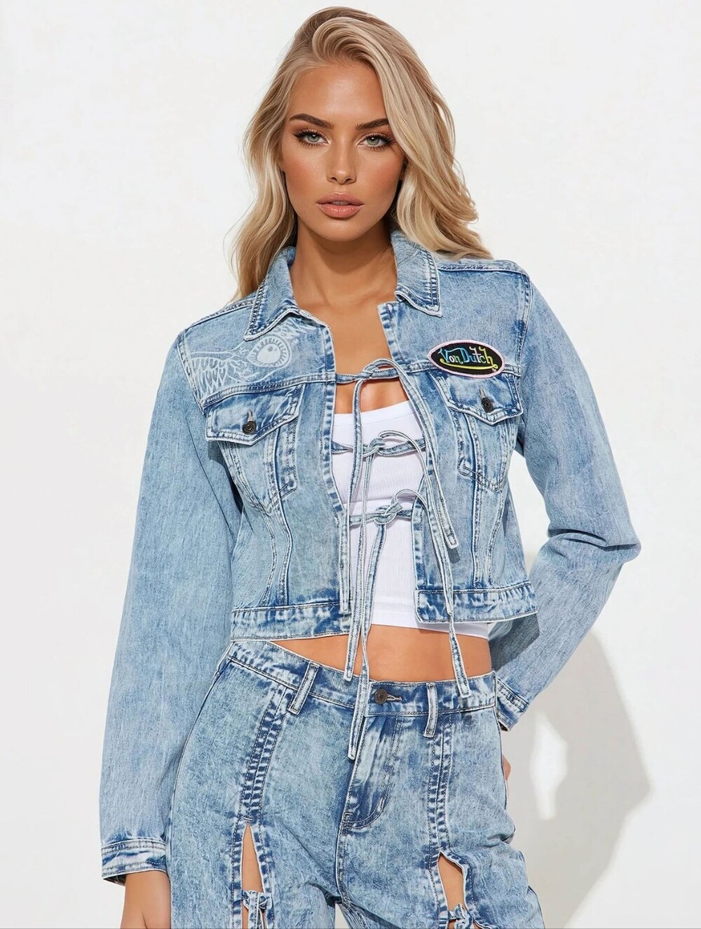 Von Dutch Tie- Front Embellished Denim Jacket Light Wash